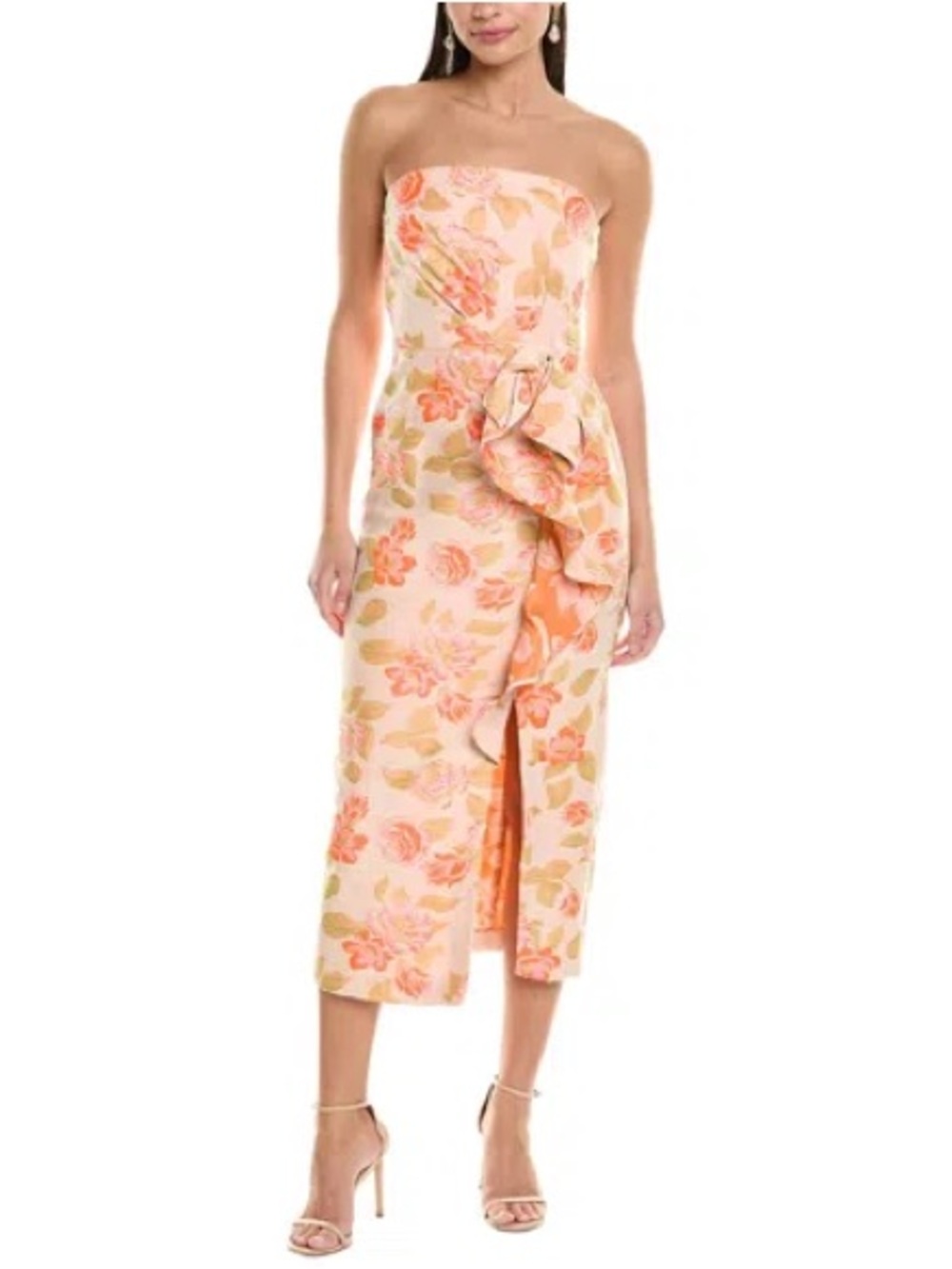 Shoshanna Strapless Peach Floral Midi Dress with Side Ruffle